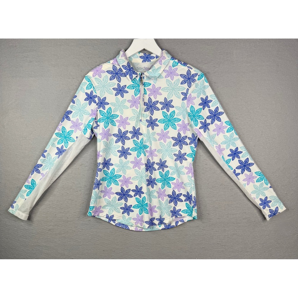 SanSoleil Quarter Zip Sun Shirt Womens Small Blue Floral UPF 50 Long Sleeve Top